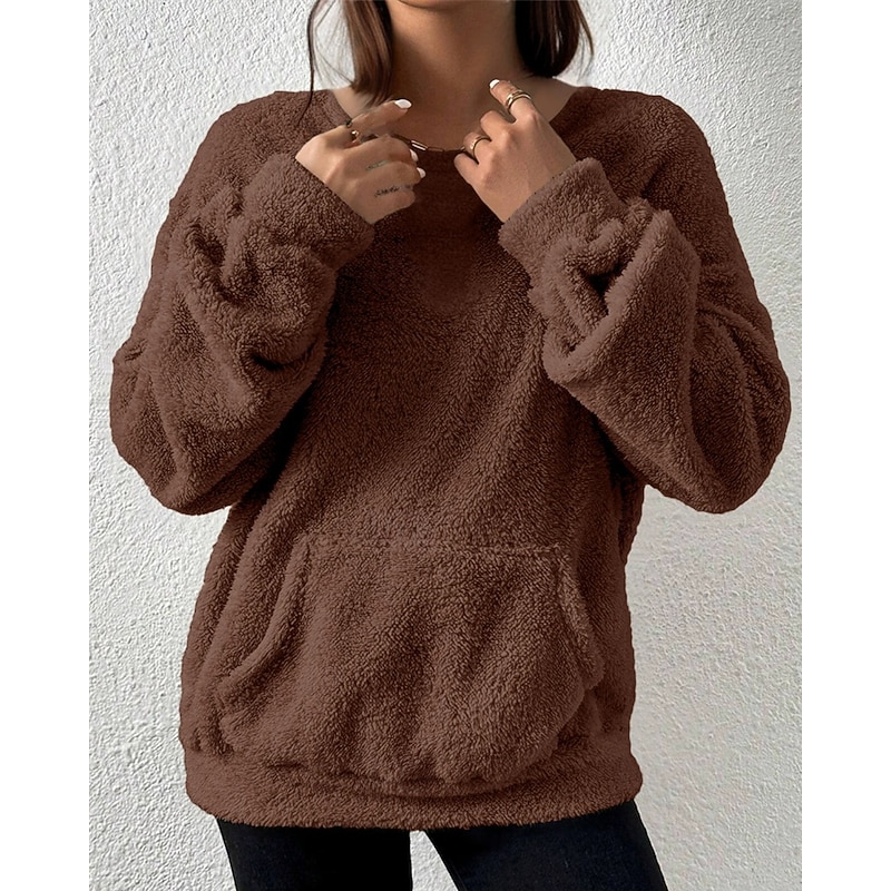 Women's Hoodies Plain Streetwear Casual Long Sleeve Crew Neck Regular Tops Street Holiday Pocket Brown Fall Winter