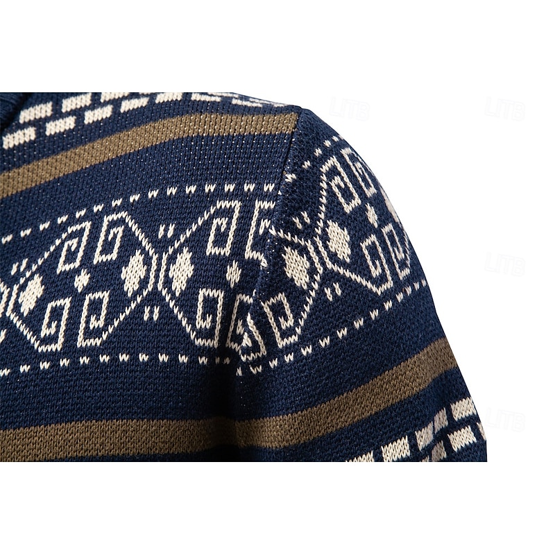 Men's Cardigan Sweater Fair Isle Sweater Knit Regular Tops Zip Up Geometric Turtleneck Christmas Cardigan Vacation Casual Clothing Apparel Spring Fall Navy Blue khaki S M L4