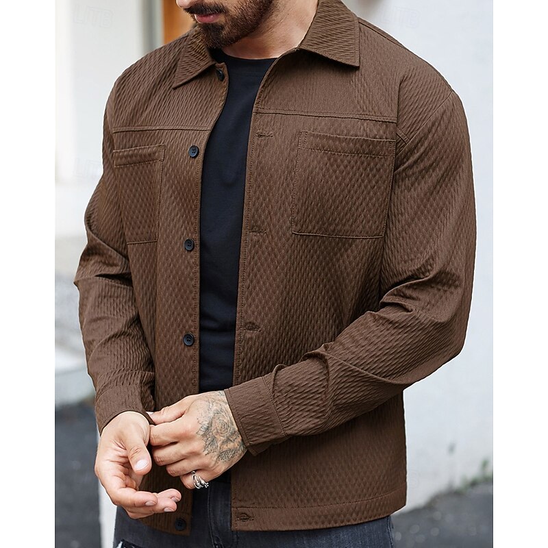 Men's Lightweight Jacket Casual Jacket Vacation Daily Breathable Jacquard Pocket Spring Fall Plain Fashion Classic Lapel Regular Dark Green Brown Jacket2