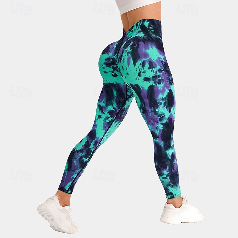 Women's Compression Pants Running Tights Yoga Leggings Tummy Control High Waist Gym Workout Athletic Bottoms Tie Dye Green Fall Sports Activewear
