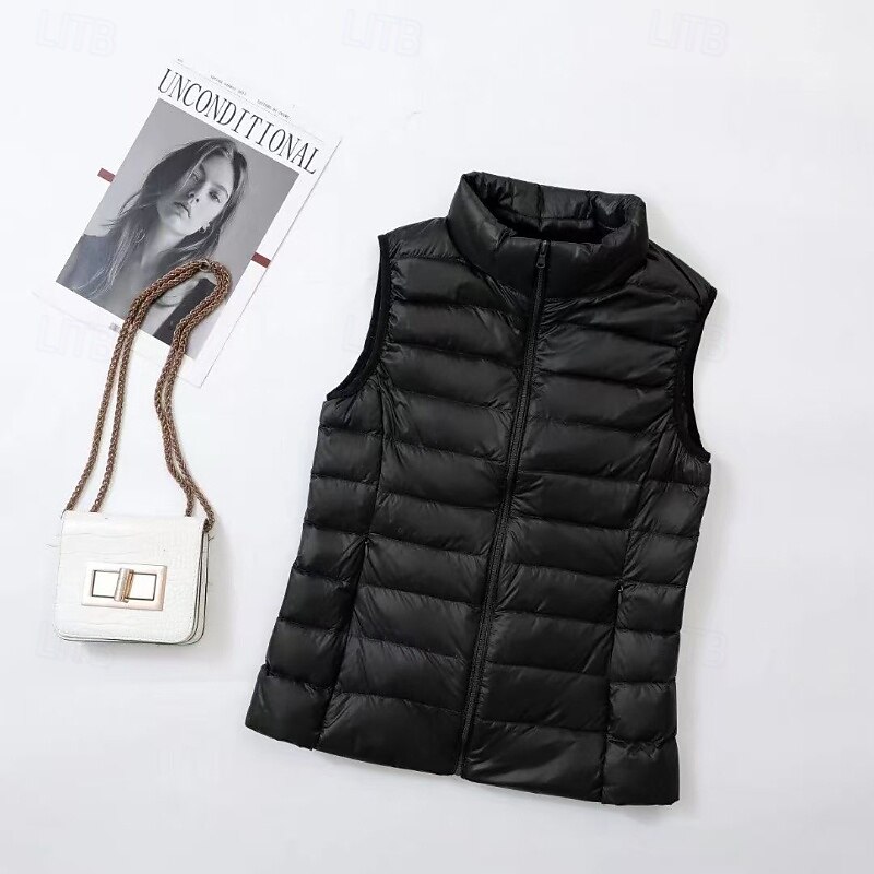Women's Vest Warm Comfortable Zipper Casual Plain Holiday Daily Wear Zipper Regular Stand Collar Regular Fit Sleeveless Outerwear Light Pink Black Red Fall Winter3