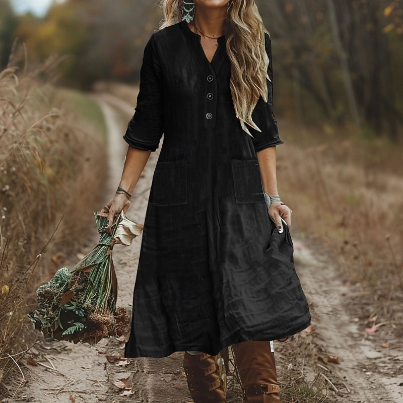 Women's Midi Dress Casual Dress Cotton Linen Dress Classic Modern Outdoor Vacation Holiday Regular Fit Plain Long Sleeve V Neck Black Purple Orange Light Blue Fall4