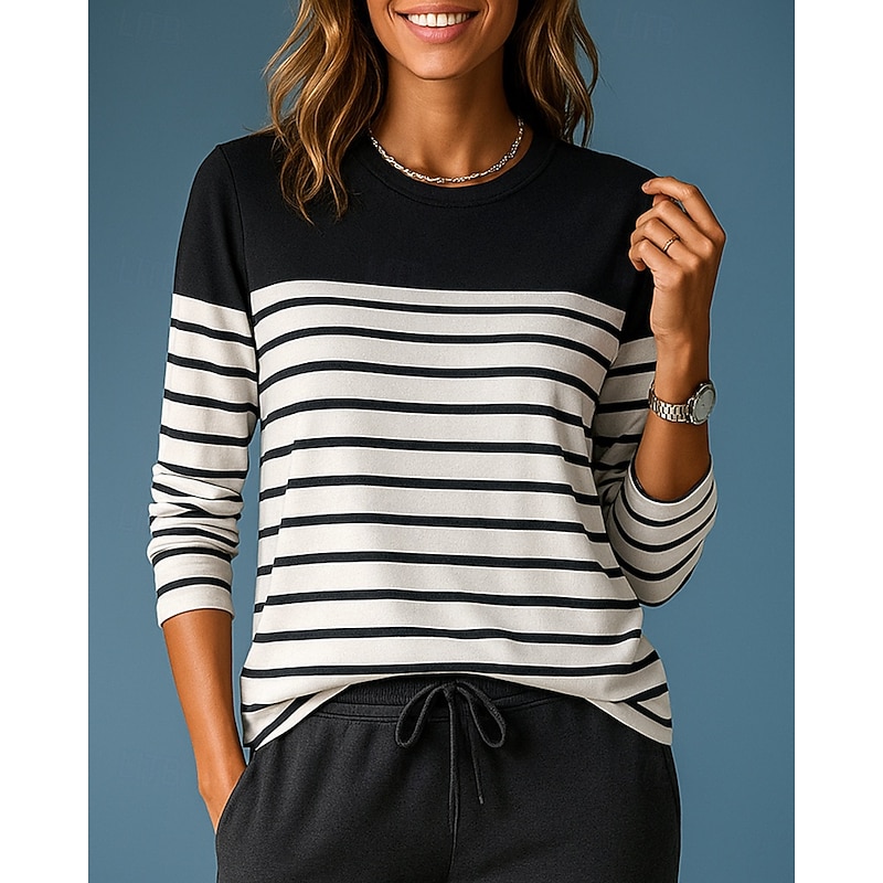 Women's Pullover Sweatshirt Casual Tops Long Sleeve Top Athleisure Fall Stripes Fashion Outdoor Travel Sportswear Activewear Black White Red