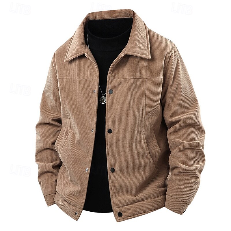 Men's Lightweight Jacket Corduroy Jacket Casual Jacket Vacation Daily Warm Pocket Spring Fall Plain Fashion Classic Lapel Regular Black Khaki Army Green Beige Jacket