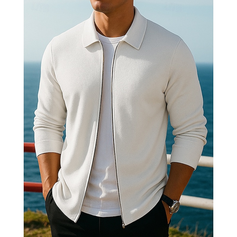Men's Casual Coats Lounge Jacket Full Zip Jacket Waffle Long Sleeve Top Athleisure Solid Colored Outdoor Travel Sports Sportswear Activewear Black White Blue