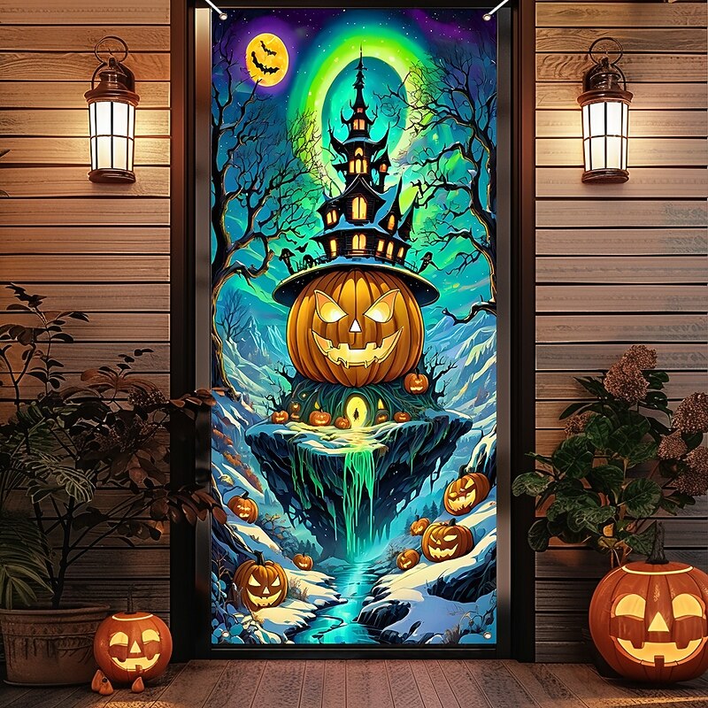 Halloween Door Cover Outdoor Banners Pumpkin UFO Fantasy Psychedelic Dark Punk Gothic Style Party Outdoor Shooting Backgrounds Front Door Wall Porch Home Decor4