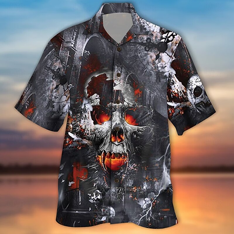 Halloween Men's Skull Flame Shirt Cuban Collar Shirt Button Up Shirt Short Sleeve Dark Punk Gothic Style Holiday Streetwear Summer Camp Collar Shirt 3D Print Dark Gray