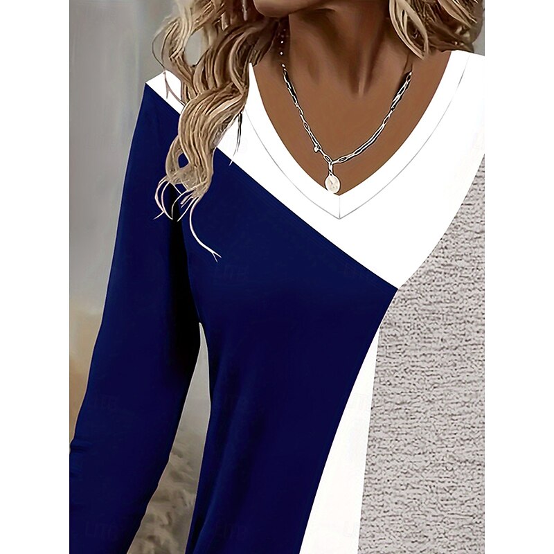 Women's T Shirt Graphic Geometric Color Block Vintage Stylish Classic Long Sleeve V Neck Regular Tops Daily Print Navy Blue Summer Spring Fall2
