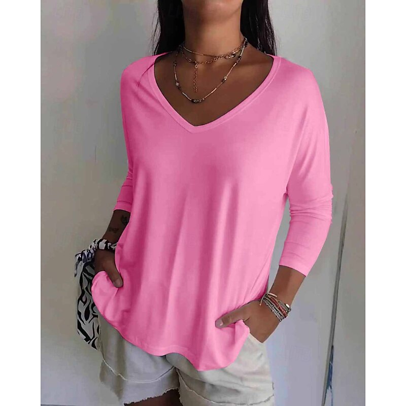 Women's T Shirt Plain Casual Long Sleeve V Neck Regular Tops Daily Weekend White Yellow Pink Light Blue Fall2