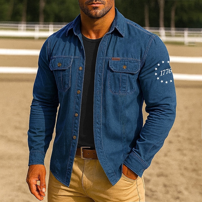 Men's Patriotic 1776 Work Shirt Western Shirt Cargo Shirt Long Sleeve Tactical Vintage Retro Sports Outdoor WorkWear Spring Fall Turndown Front Two Pockets Button Up Shirts Black Red Blue Orange Khaki