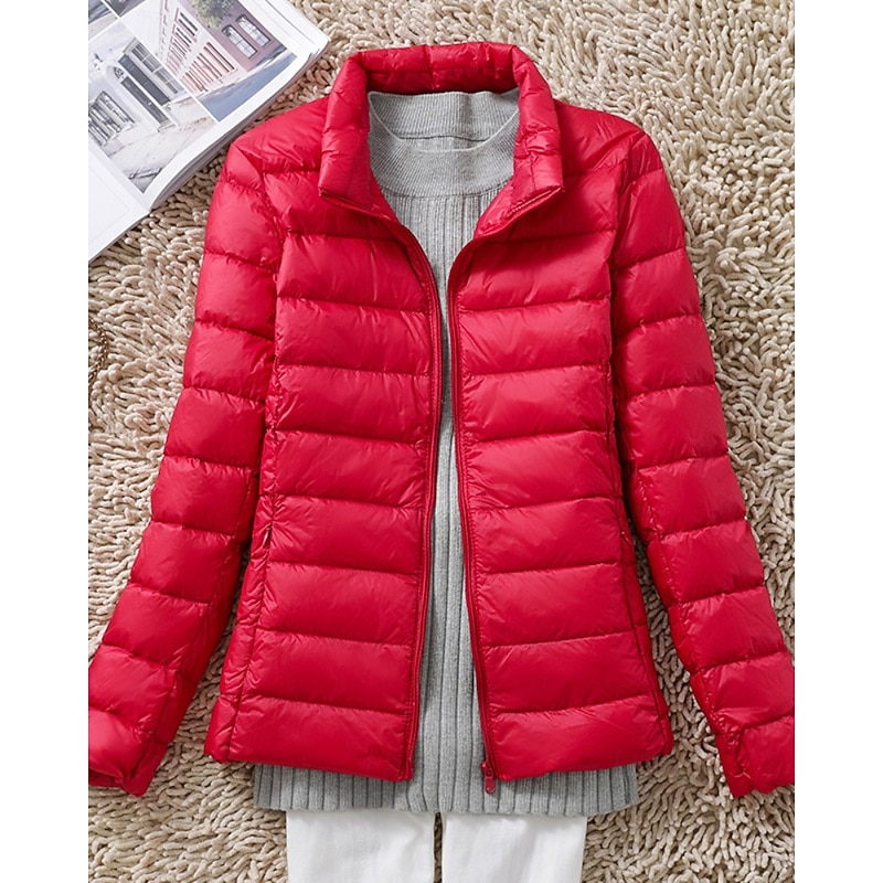 Women's Down Jacket Puffer Jacket Warm Comfortable Zipper Pocket Casual Plain Holiday Casual Daily Weekend Zipper Regular Stand Collar Regular Fit Long Sleeve Outerwear Black White Red Fall Winter3