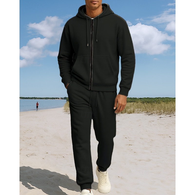 Men's Tracksuit Fleece Hoodie Two Piece Outfits Full Zip with Pocket Solid Colored Clothing Suit Fall Black Army Green Outdoor Travel Sports High Waist Thermal Warm Long Sleeve Sport Activewear4