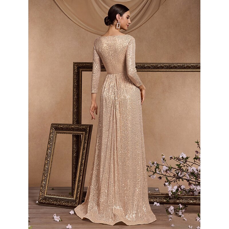 A-Line Evening Gown Party Dress Evening Party Floor Length 3/4 Length Sleeve V Neck Sequined with Sequin2