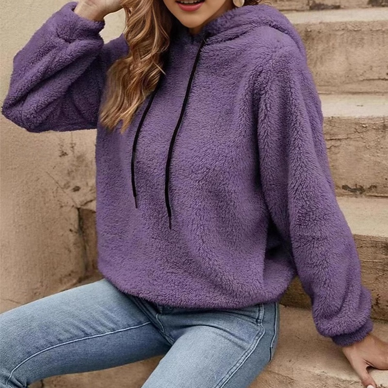 Women's Double Fuzzy Sweatshirt Thick Warm Drawstring Long Sleeve Sports Solid Color Top For Outdoor Travel Vacation Activewear3