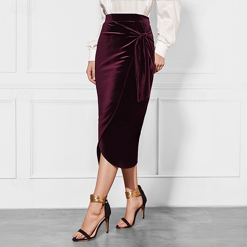 Women's Skirt Elegant Vintage Fashion Sexy Midi Mid Waist Skirts Plain Ruched Split Ends Micro-elastic School Christmas claret Spring Polyester Velvet3