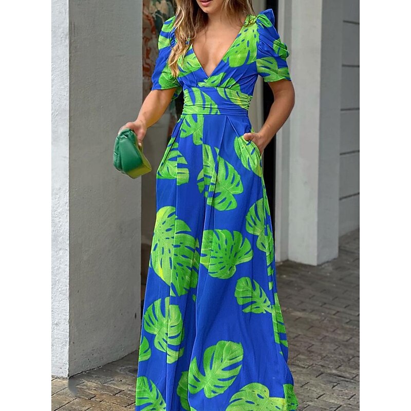 Women's Normal Jumpsuit Active Graphic Short Sleeve Wide Leg V Neck Pocket High Waist Vacation Daily Loose Fit Black White Blue Summer2