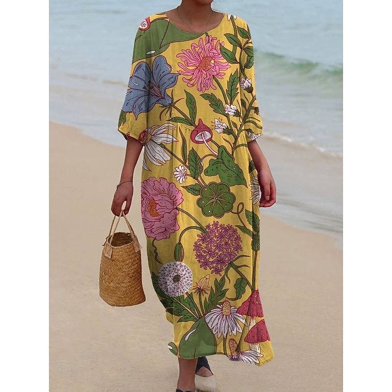 Women's Maxi Dress Kaftan 3/4 Length Sleeve Crew Neck Casual Dress A Line Dress Boho Loose Fit Floral Graphic V Neck White Yellow Light Green Green Spring Fall4