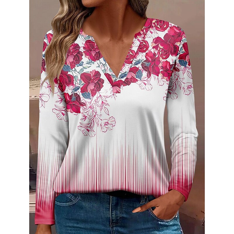 Women's T Shirt Floral Graphic Plants Vintage Stylish Casual Long Sleeve Notched Neck Regular Tops Daily Buttons Print Red Blue Dusty Blue Light Blue Spring Fall3