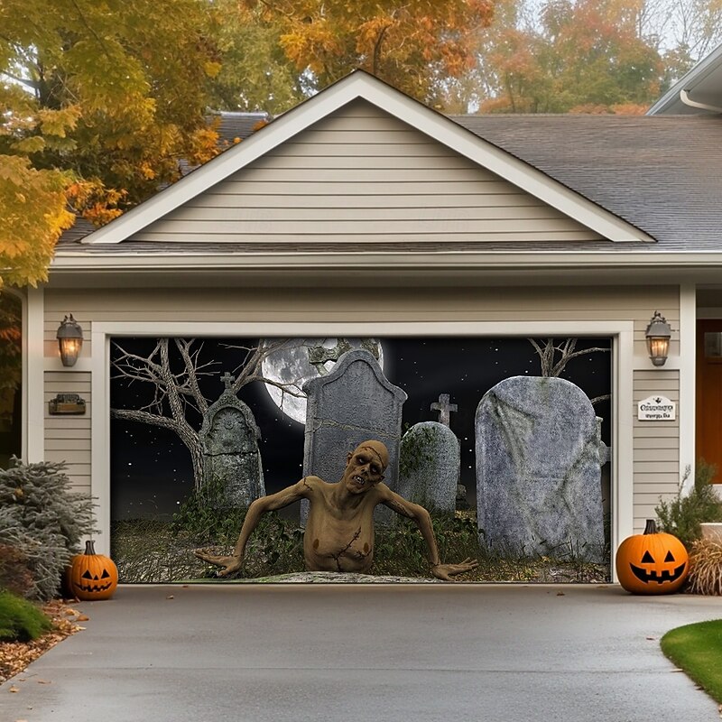 Halloween Tapestry Garage Door Cover Large Hanging Backdrop Zombies Cemetery Dark Punk Gothic Style Party Outdoor Shooting Backgrounds Front Door Home Decor2