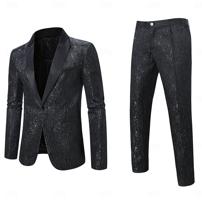 Men's Wedding Casual Party Suits Notch Lapel Black Party Print Slim Fit 2 Piece Single Breasted One-button