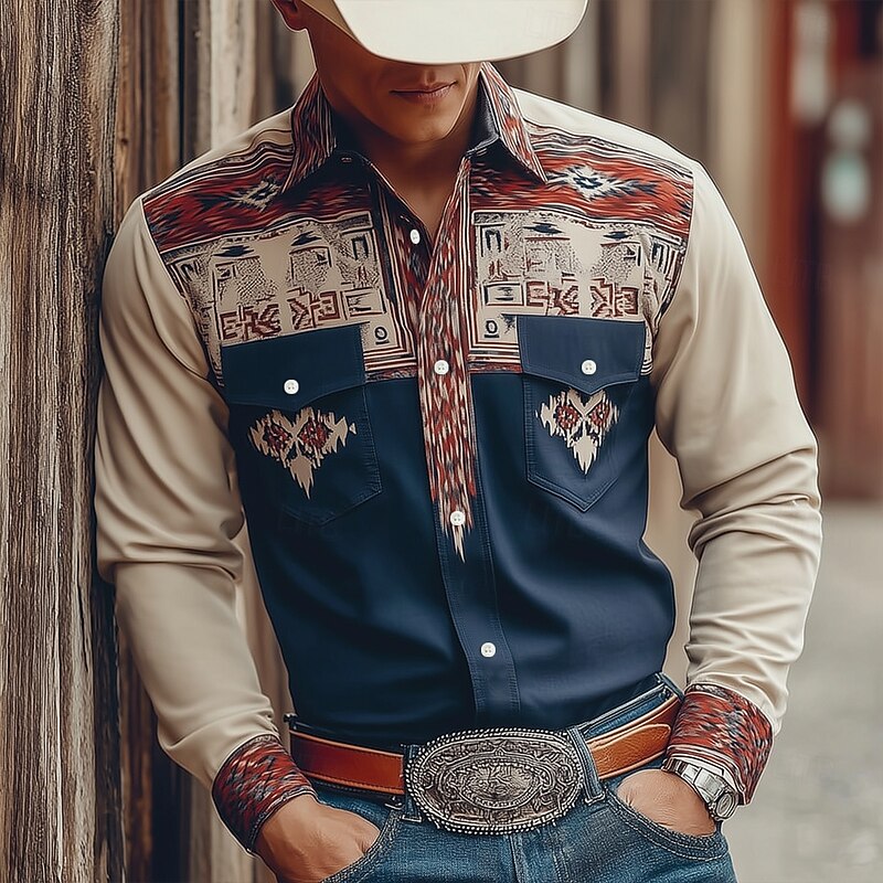 Men's Geometric Aztec Ethnic Shirt Western Shirt Cowboy Shirt Long Sleeve Vintage Retro Outdoor Casual WorkWear Spring Fall Turndown Front Two Pockets Linen Like Shirt Button Up Shirts Dark Blue