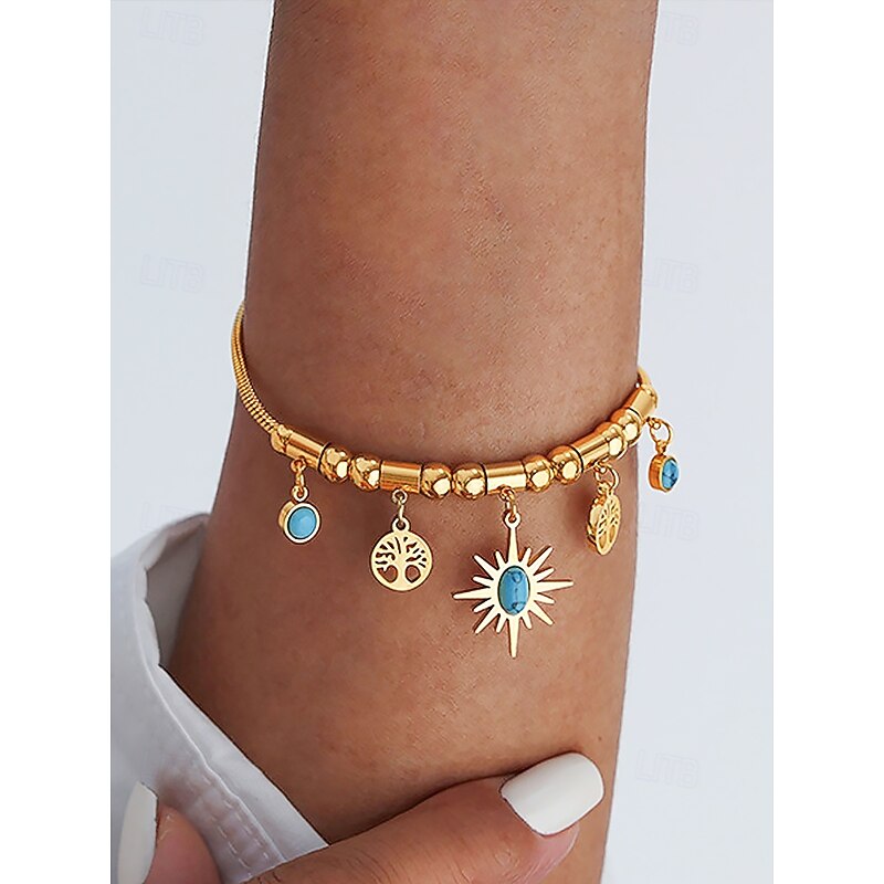 Women's Gold Alloy Necklace and Bracelet Set with Turquoise Sun and Tree Charms – Boho Chic Jewelry for Parties, Holidays and Casual Wear3