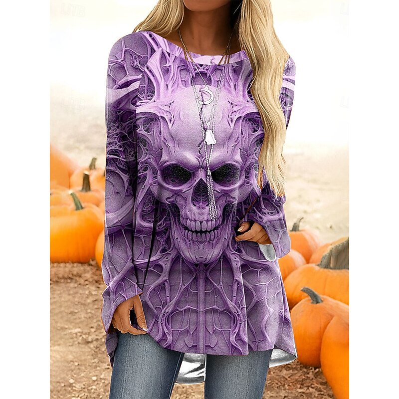 Halloween Women's T Shirt Skulls Graphic Vintage Stylish Classic Long Sleeve Crew Neck Long Tops Daily Print White Blue Purple Green Khaki Spring Fall3