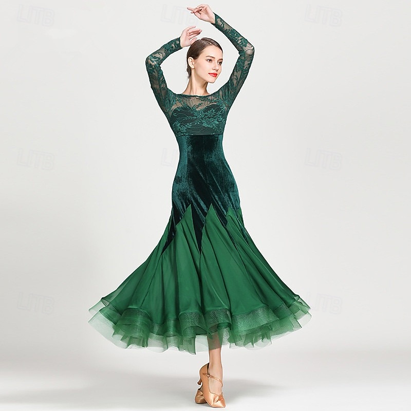 Ballroom Dance Dress Appliques Split Joint Women's Training Performance Long Sleeve Natural Chiffon Lace Velvet3