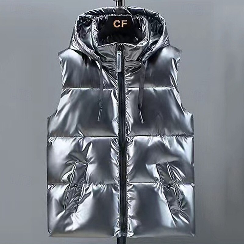 Men's Puffer Vest Vest Gilet Vacation Daily Date Fashion Casual Fall & Winter Pocket Polyester Warm Comfortable Solid Color Zipper Hooded Regular Fit Silver Black Vest