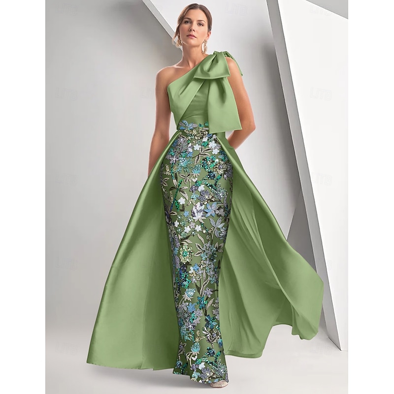 A-Line Evening Gown Elegant Dress Formal Wedding Ball Gown Floor Length Sleeveless One Shoulder Satin with Bow(s) Slit Embroidery