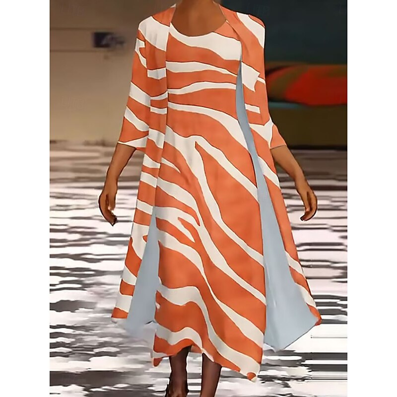 Women's Dress Set Maxi Dress Shift Dress Summer Dress Casual Graphic Geometric Layered Print Maxi Dress 3/4 Length Sleeve Crew Neck Daily Orange Spring Fall Regular Fit3