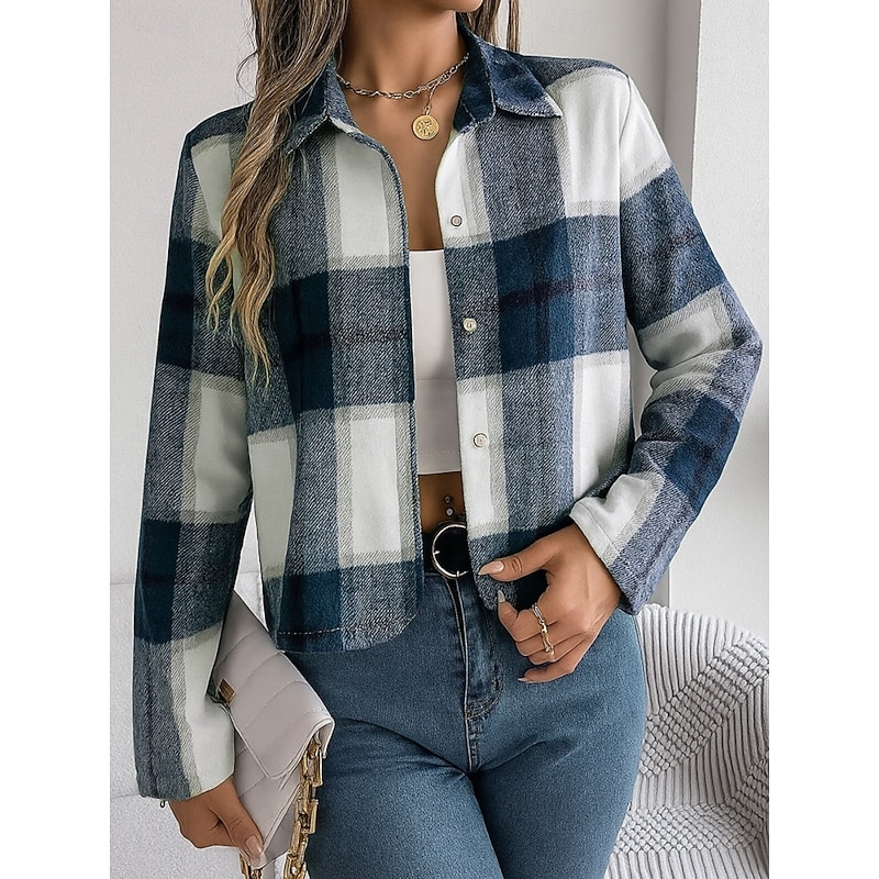 Women's Casual Jacket Comfortable Breathable Print Casual Plaid Vacation Street Casual Daily Wear Single Breasted Short Turndown Regular Fit Long Sleeve Outerwear Red Blue Green Spring Fall4