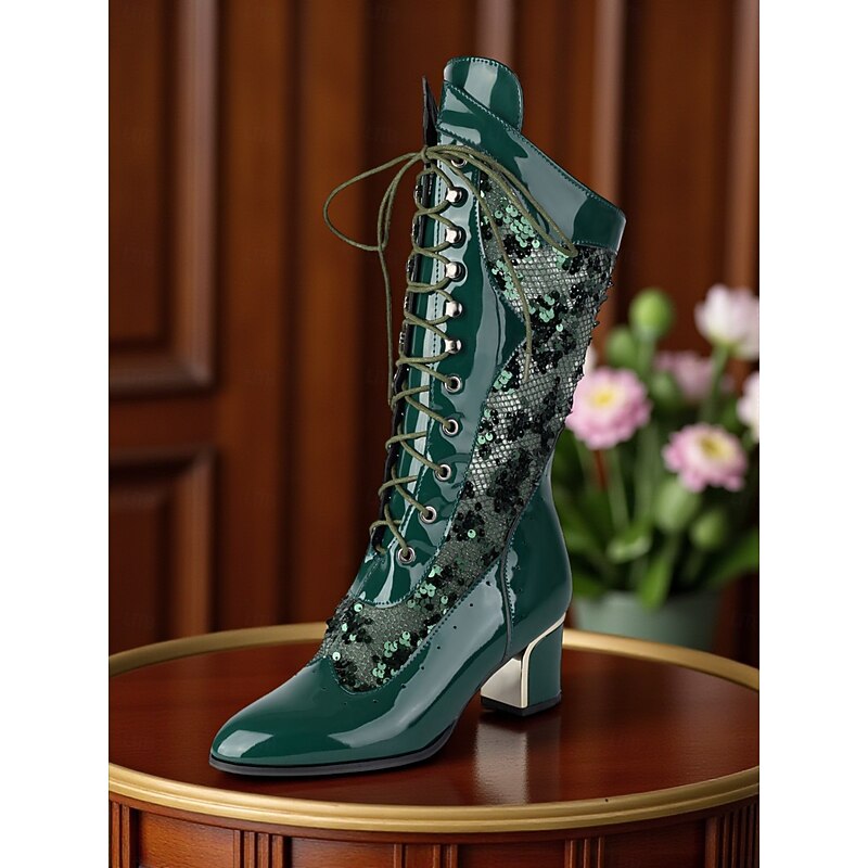 Women's Green Faux Patent Leather Sequin Lace-Up Mid-Calf Boots - Chunky Heel 1930s-Inspired Vintage Boots for Stage Performance,Gothic Parties and Holiday Events2