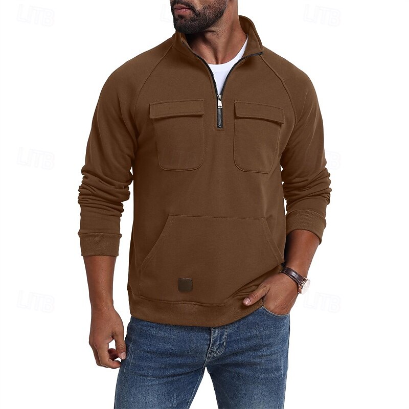 Men's Sweatshirt Quarter Zip Sweatshirt Black Army Green Khaki Coffee Gray Standing Collar Plain Pocket Sports & Outdoor Daily Holiday Polyester Streetwear Basic Casual Spring Fall Clothing Apparel
