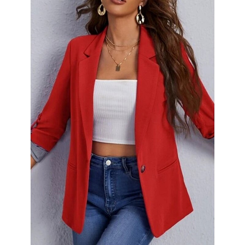 Women's Blazer Comfortable Breathable Pocket Casual Plain Office Street Casual Daily Wear Single Breasted Regular Turndown Regular Fit Long Sleeve Outerwear Black Red Navy Blue Summer Spring4