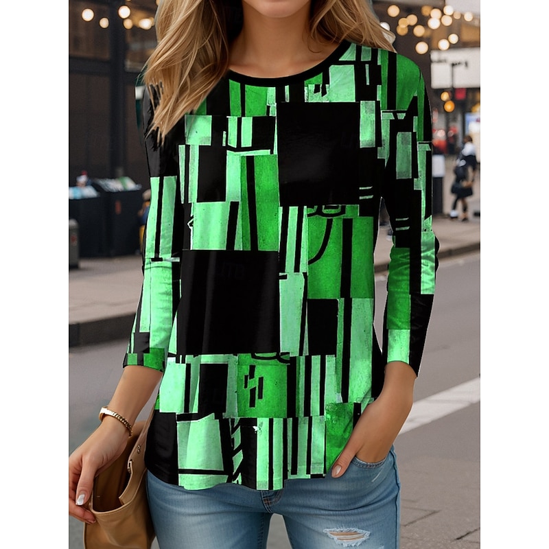 Women's T shirt Long Sleeve Graphic Geometric Vintage Stylish Casual Long Sleeve Crew Neck Regular Tops Daily Print Red Blue Purple Green Khaki Spring Fall Prefall4