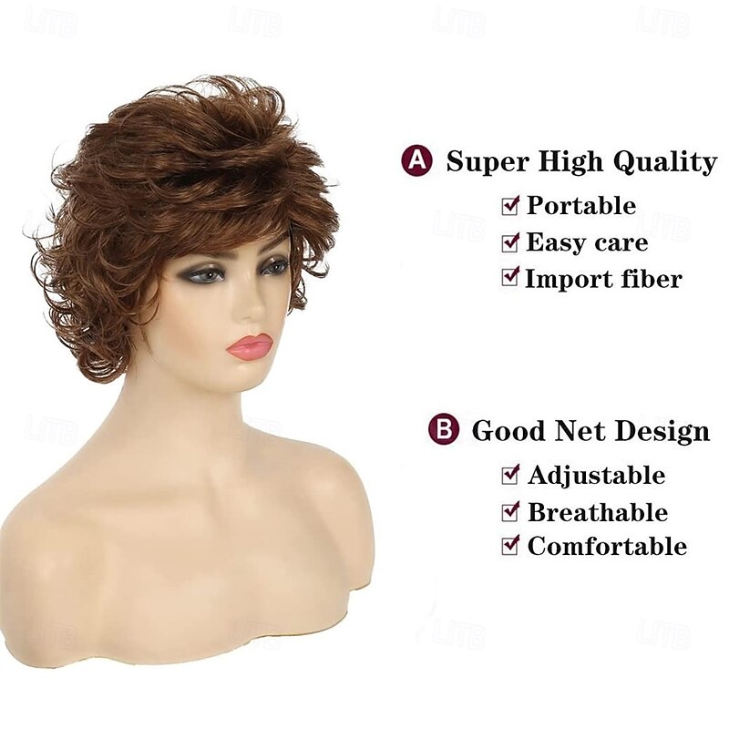 Short Wavy Brown Wigs for Women Fluffy Wavy Layered Wigs Synthetic Heat Resistant Halloween Cosplay Hair Wig with Wig CapAuburn Brown2