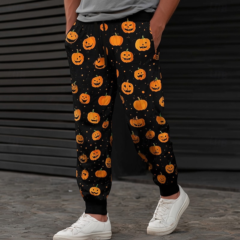 Men's Pumpkin Halloween Costumes Sweatpants Joggers Trousers Mid Waist Drawstring Elastic Waist Casual Jogging Streetwear Workout Athletic Sweatpants with Pockets Spring Fall 3D Print Black