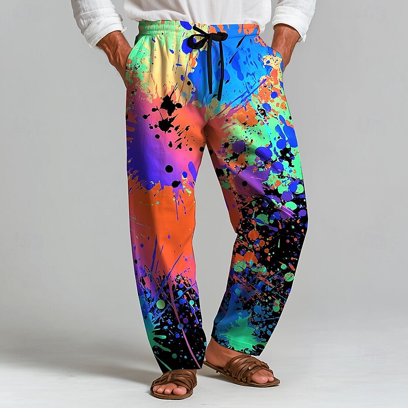 Men's Colorful Ink Painting Trousers Baggy Pants Casual Pants Mid Waist Fashion Outdoor Vacation Home Elastic Drawstring Waist Linen-Like Pants with Pockets Spring Fall 3D Print Blue Orange4