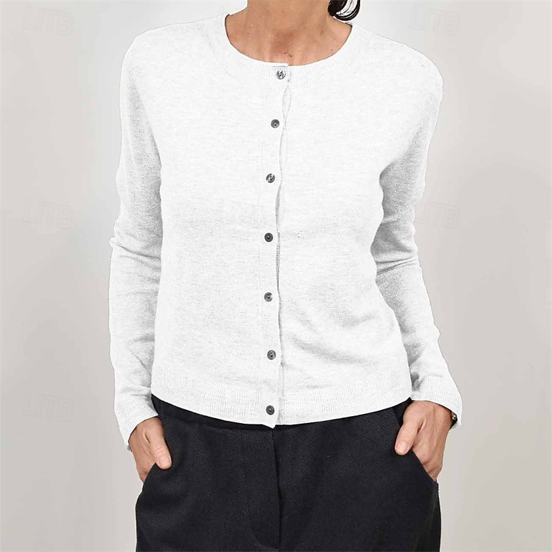 Women's Sweater Fashion Solid Color Ribbed Crew Neck Buttons Knitted Long Sleeve Regular Tops Knit Holiday Going out Weekend Black White Fall - Main Image