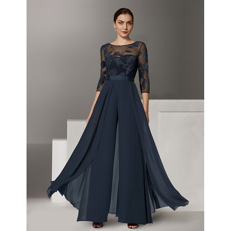 Embroidered Lace Applique Jumpsuit Mother of the Bride Jumpsuit Elegant Minimalist Casual Boat Neck Floor Length Chiffon Lace 3/4 Length Sleeve4
