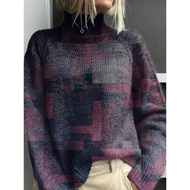 Women's Pullover Vacation Daily Geometric Plaid Color Block Ribbed Turtleneck Print Long Sleeve Regular Tops Knit Outdoor Daily Holiday Navy Blue Blue Fall Winter
