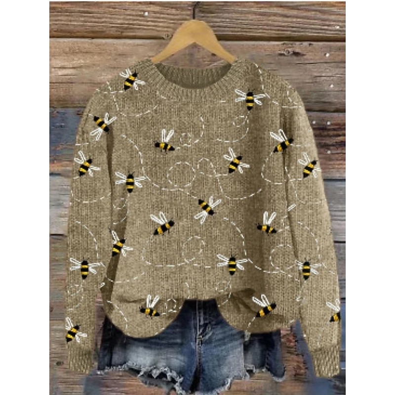 Women's Sweater Casual Soft Graphic Ribbed Crew Neck Knitted Print Long Sleeve Regular Tops Knit Outdoor Daily Weekend Yellow Green Fall Winter3