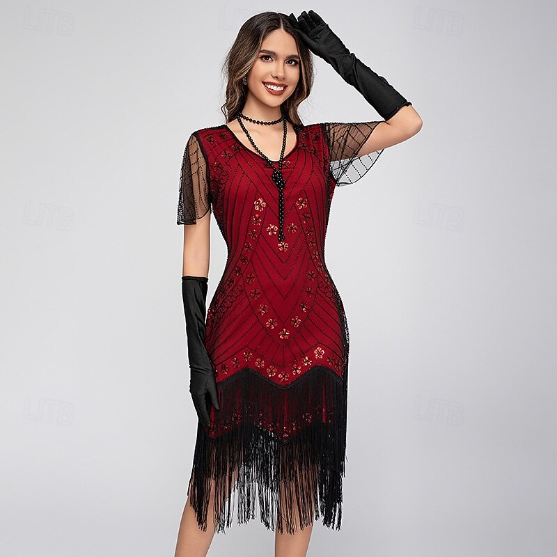Retro Vintage Roaring 20s 1920s Midi Flapper Dress The Great Gatsby Flapper Girl Sequins Fringe Sheath / Column Fancy Dress Women's Christmas Halloween Carnival Wedding Evening Party Masquerade Adults2