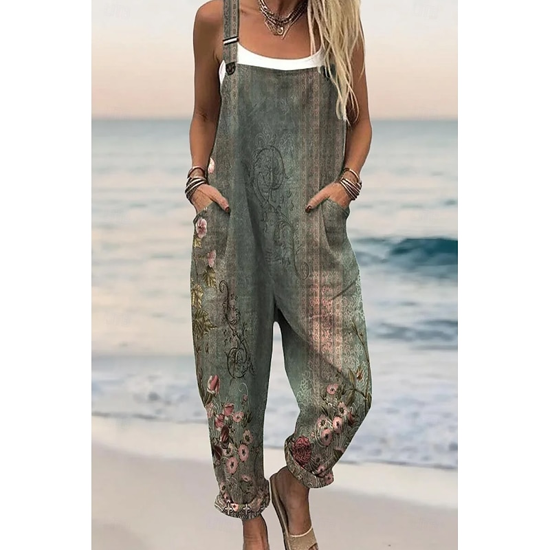 Women's Dungarees Active Floral Sleeveless Sleeveless Harem Square Neck Pocket with Pocket Vacation Daily Loose Fit Army Green Green Beige Summer