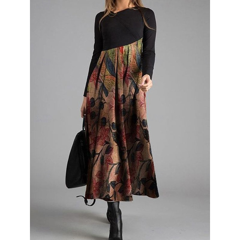 Women's Midi Dress A Line Dress Casual Daily Regular Fit Graphic Geometric Color Block Long Sleeve V Neck Dark Brown Yellow Blue Brown Spring Fall Winter3