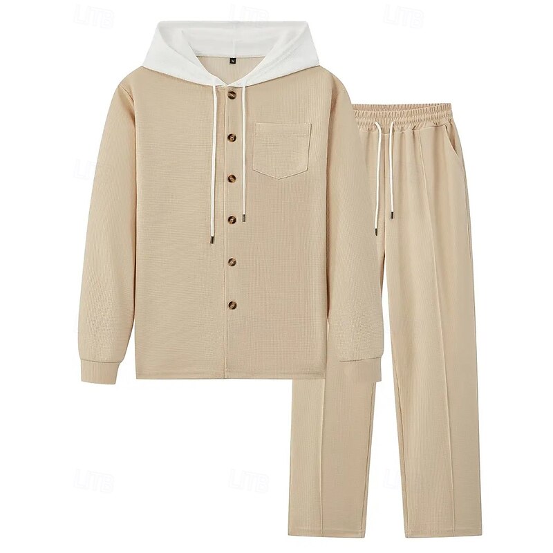 Men's Lightweight Jacket Waffle Jacket Casual Jacket Set Vacation Daily Breathable Pocket 2 Piece Spring Fall Color Block Fashion Classic Hooded Regular Black White Khaki Gray Jacket3