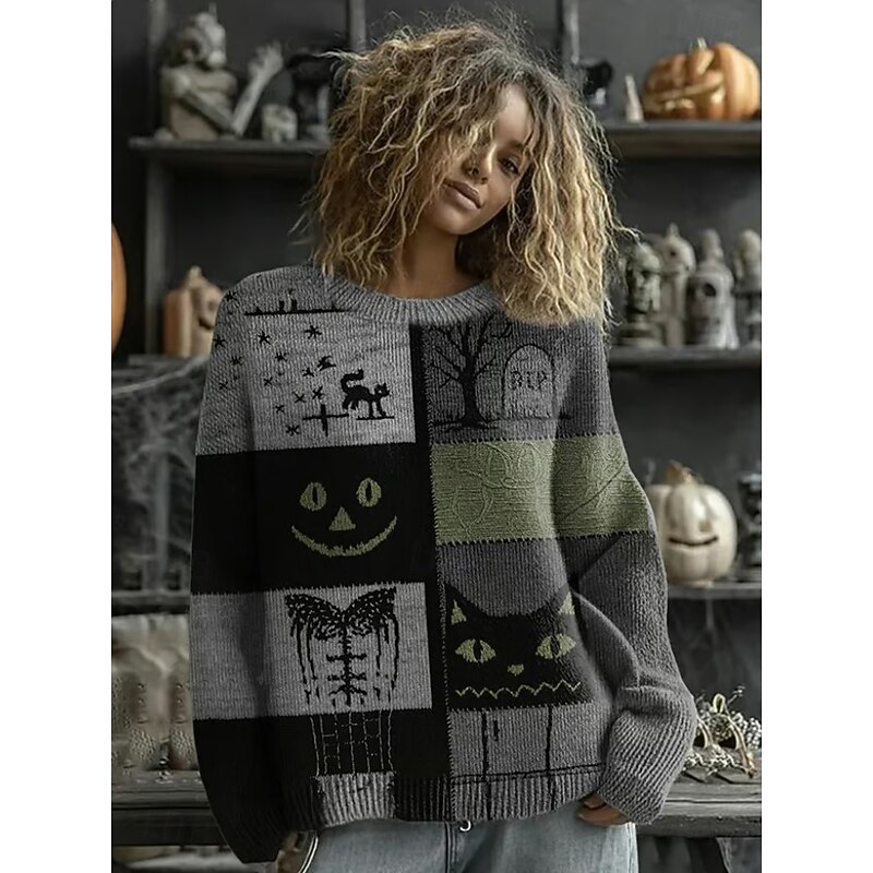 Halloween Women's Sweater Black Cat Print Cute Streetwear Casual Graphic Animal Crew Neck Patchwork Knitted Long Sleeve Regular Tops Knit Work Purple Orange Fall Winter3