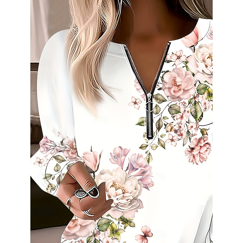 Women's Pullover Sweatshirt Zip Up Sweatshirts Floral Graphic Fashion Casual Long Sleeve Crew Neck Regular Tops Street Dailywear Zipper Print Light Pink Spring Fall Winter3