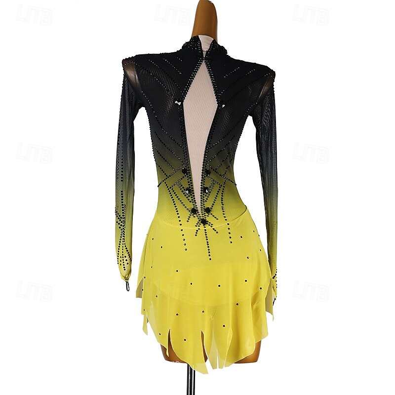Figure Skating Dress Women's Girls' Ice Skating Dress Blue Black Yellow Patchwork Open Back Mesh Spandex High Elasticity Training Practice Professional Skating Wear Classic Crystal / Rhinestone Long4